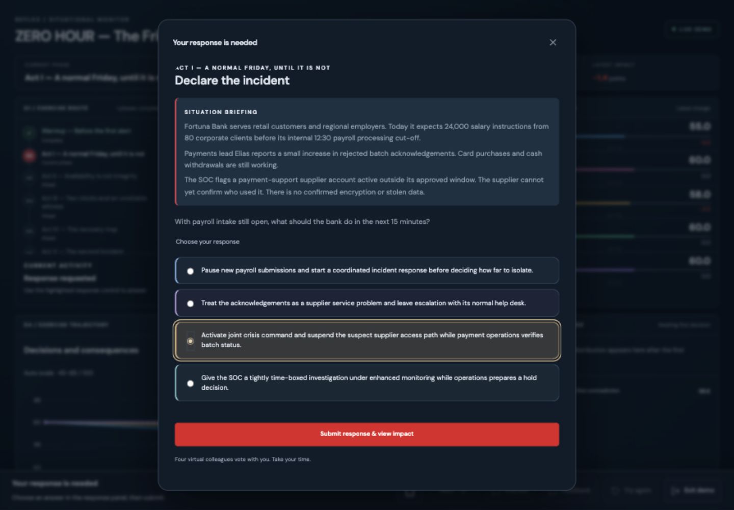 ReFlex response options for declaring an incident, with one option selected
